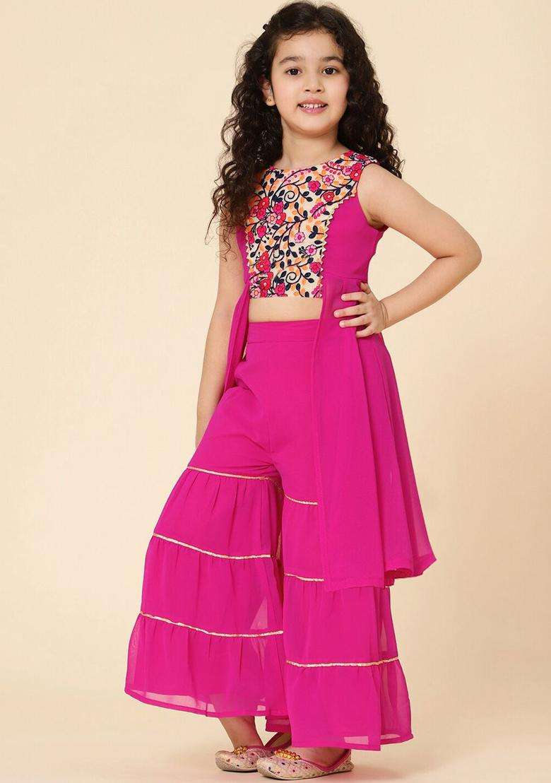 Fuchsia Embroidered Georgette Kurta Set For Girls - Indya