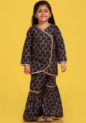Navy Blue Printed Cotton Kurta Set For Girls
