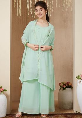 Green Embroidered Georgette Kurta Set For Girls