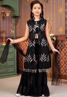 Black Embroidered Georgette Kurta Set For Girls