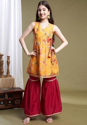 Yellow Printed Organza Kurta Set For Girls