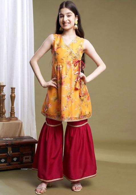Yellow Printed Organza Kurta Set For Girls — view on Indya