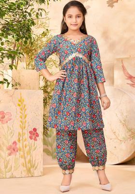 Turquoise Blue Printed Cotton Kurta Set For Girls