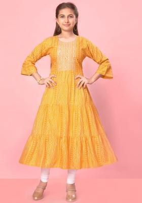 Yellow Embroidered Cotton Kurta Set For Girls
