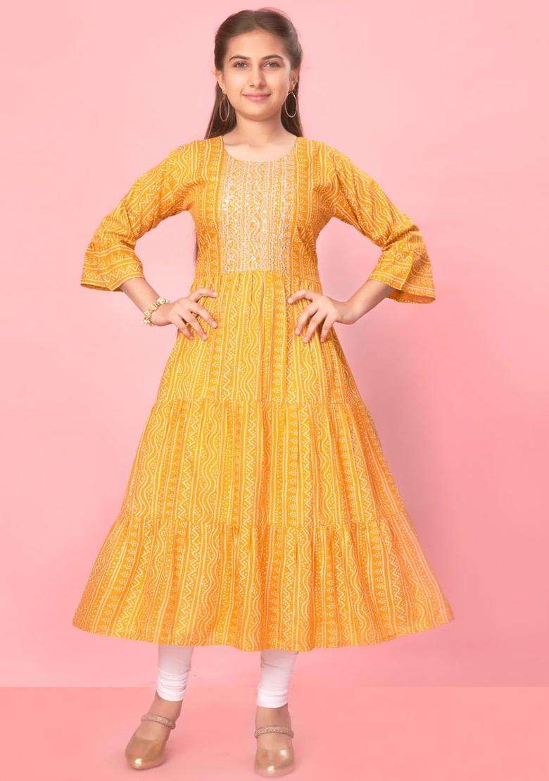 Yellow Embroidered Cotton Kurta Set For Girls - Indya