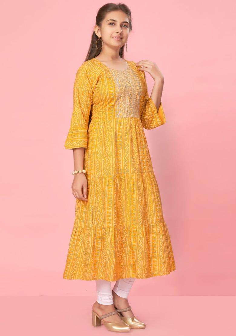 Yellow Embroidered Cotton Kurta Set For Girls - Indya