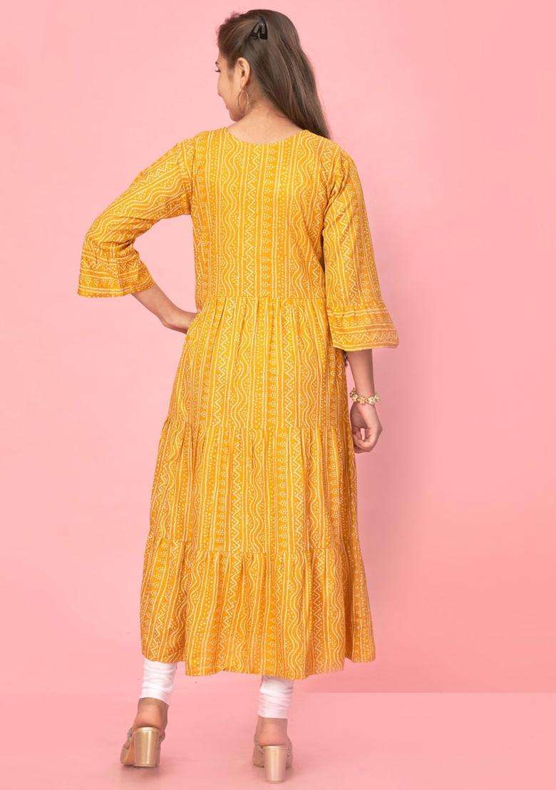 Yellow Embroidered Cotton Kurta Set For Girls - Indya