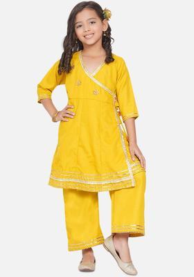 Mustard Embroidered Cotton Kurta Set For Girls