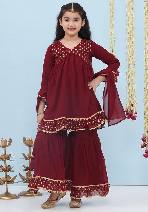 Maroon Printed Georgette Kurta Set For Girls — view on Indya