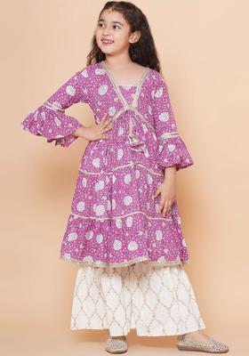Off White Printed Silk Kurta Set For Girls