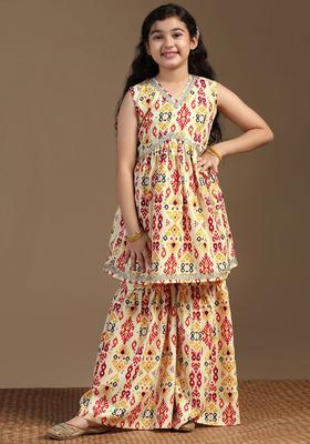 Yellow Printed Cotton Kurta Set For Girls