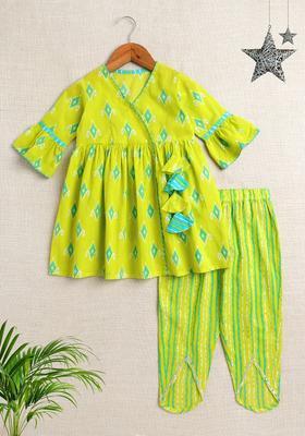 Green Printed Cotton Kurta Set For Girls