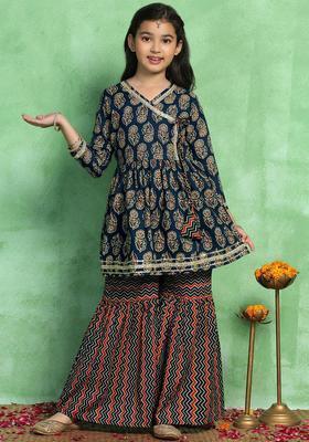Navy Blue Printed Cotton Kurta Set For Girls