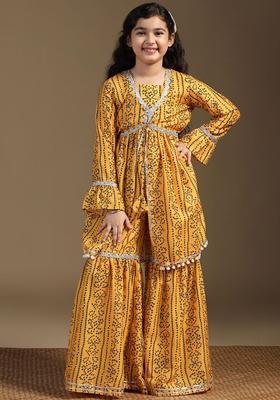 Yellow Printed Cotton Kurta Set For Girls