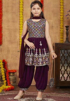 Purple Embroidered Georgette Kurta Set For Girls