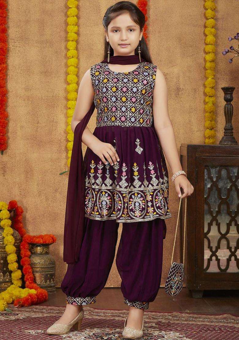 Purple Embroidered Georgette Kurta Set For Girls - Indya