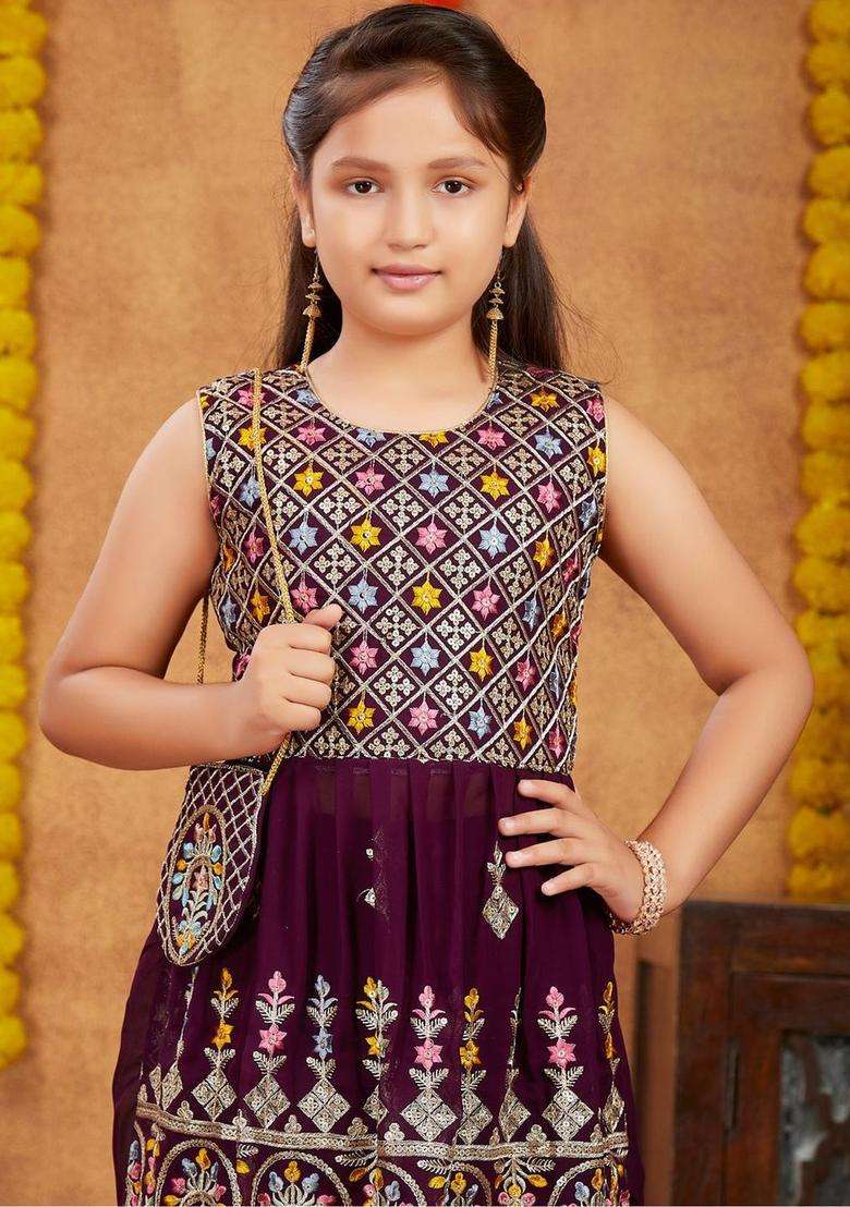 Purple Embroidered Georgette Kurta Set For Girls - Indya