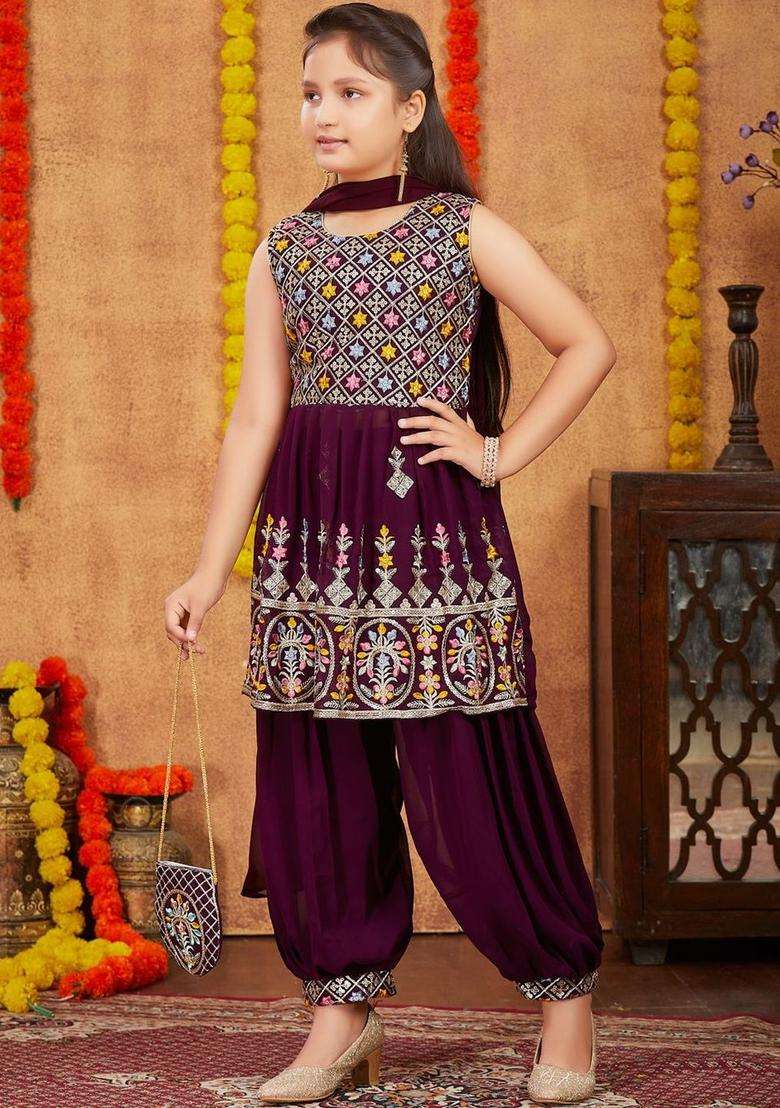 Purple Embroidered Georgette Kurta Set For Girls - Indya