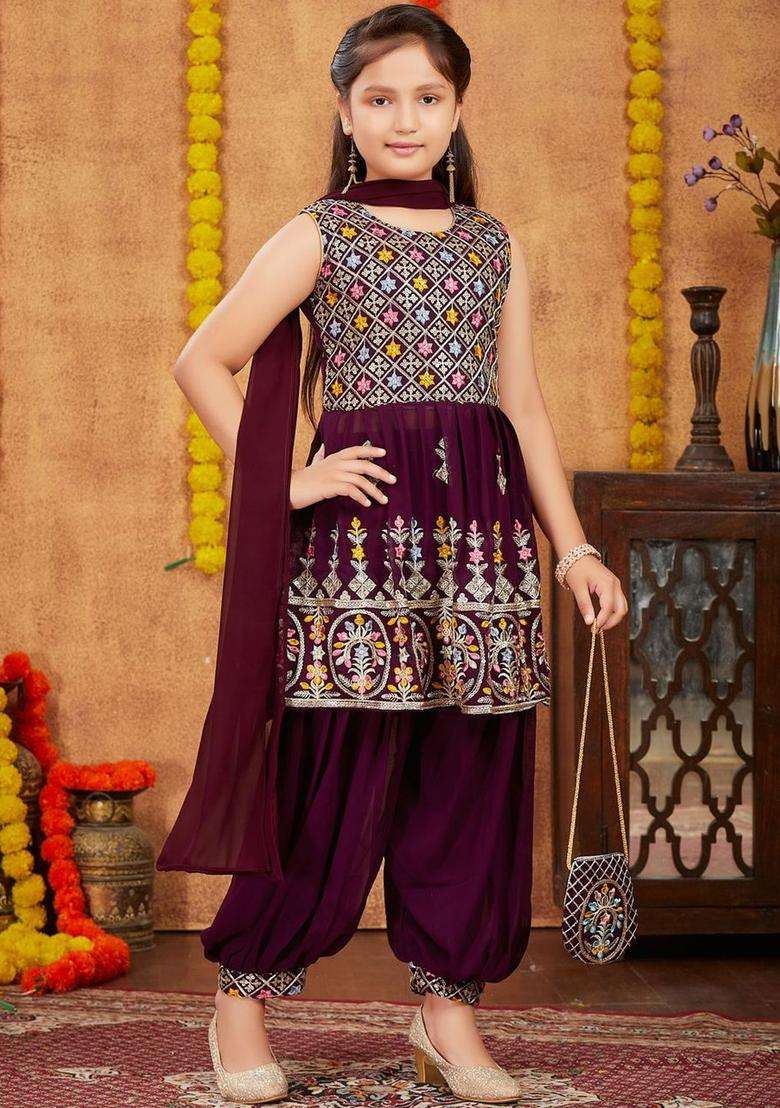 Purple Embroidered Georgette Kurta Set For Girls - Indya