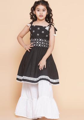 Black Embroidered Cotton Kurta Set For Girls