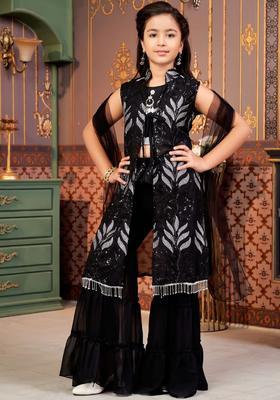 Black Embroidered Georgette Kurta Set For Girls