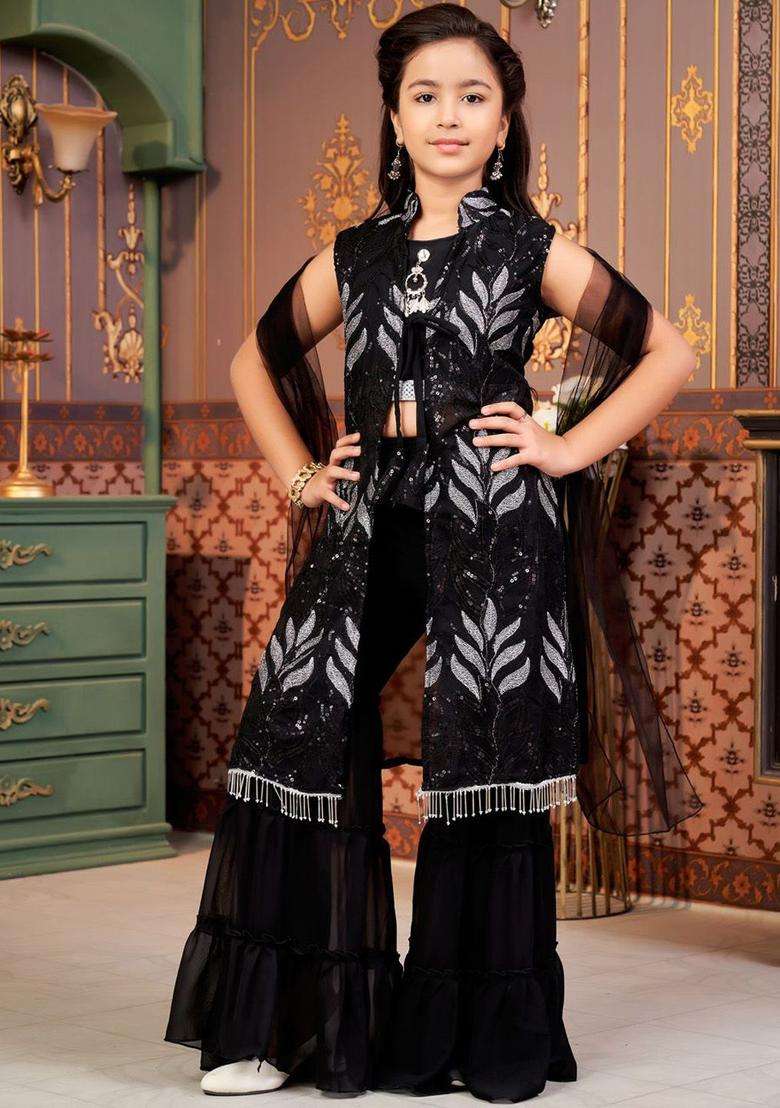 Black Embroidered Georgette Kurta Set For Girls - Indya