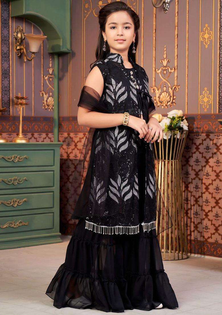 Black Embroidered Georgette Kurta Set For Girls - Indya