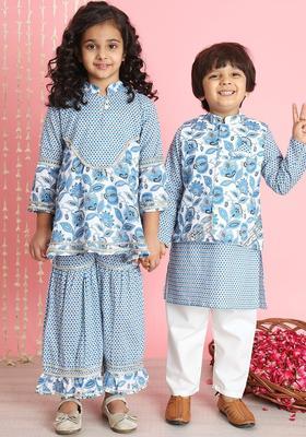 Blue Printed Cotton Kurta Set For Girls