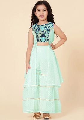 Sea Green Embroidered Georgette Kurta Set For Girls