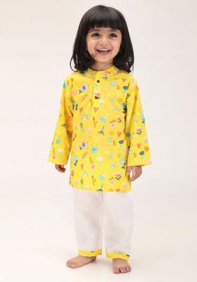 Yellow Printed Cotton Kurta Set For Girls