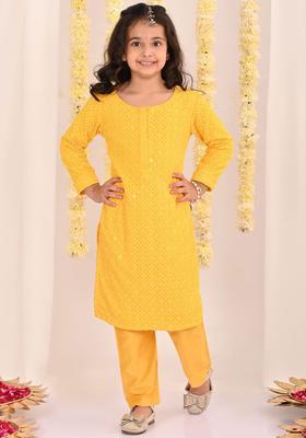 Yellow Embroidered Cotton Kurta Set For Girls