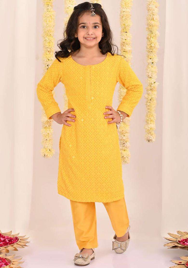 Yellow Embroidered Cotton Kurta Set For Girls - Indya