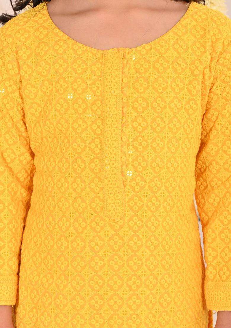 Yellow Embroidered Cotton Kurta Set For Girls - Indya