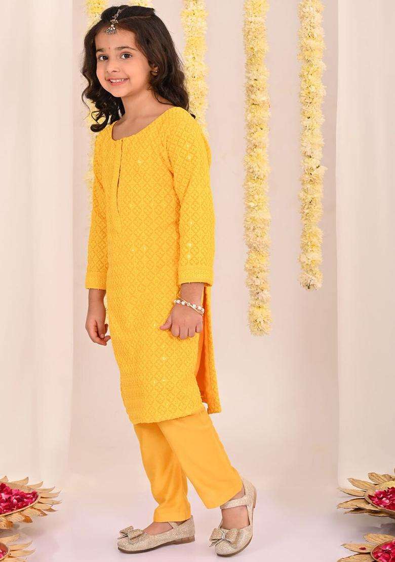 Yellow Embroidered Cotton Kurta Set For Girls - Indya