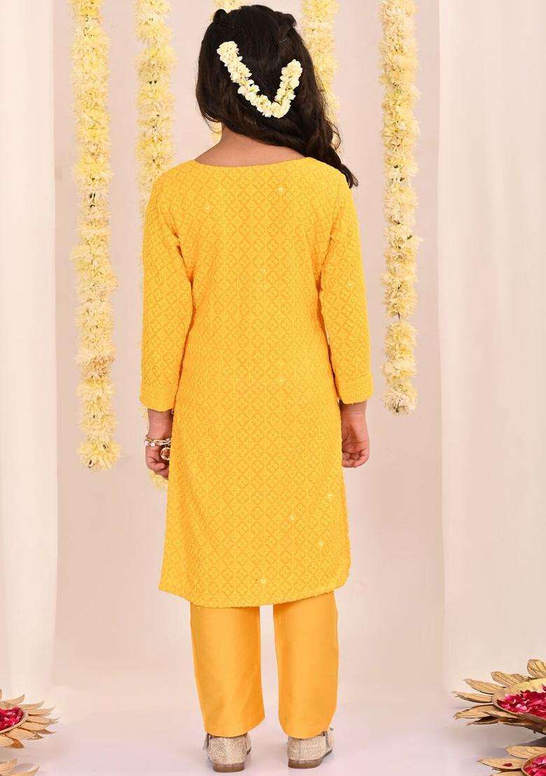 Yellow Embroidered Cotton Kurta Set For Girls - Indya