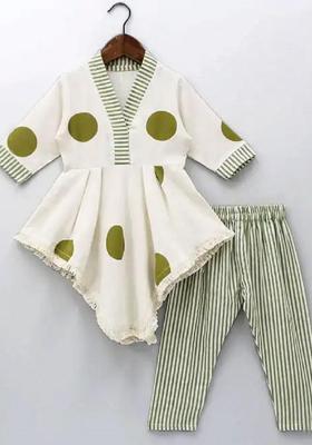 Green Printed Cotton Kurta Set For Girls