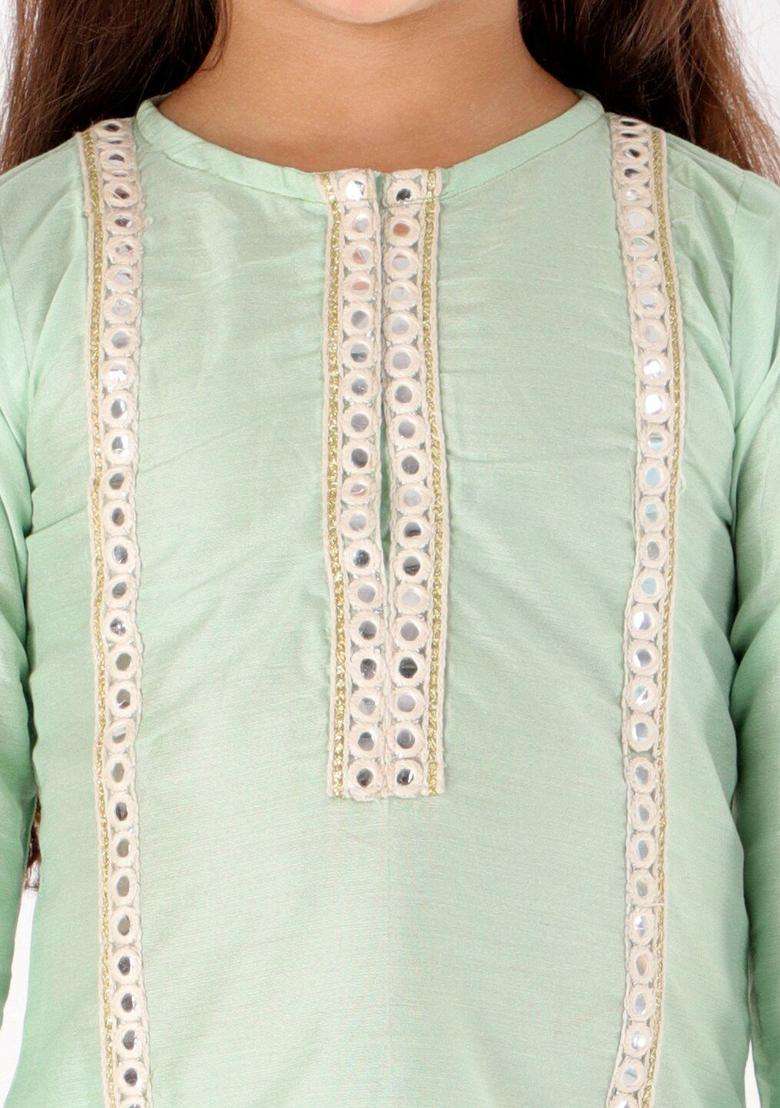 Green Embroidered Viscose Kurta Set For Girls - Indya