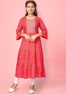 Red Printed Cotton Kurta Set For Girls