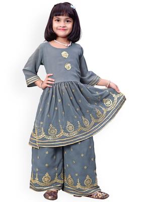 Grey Embroidered Georgette Kurta Set For Girls