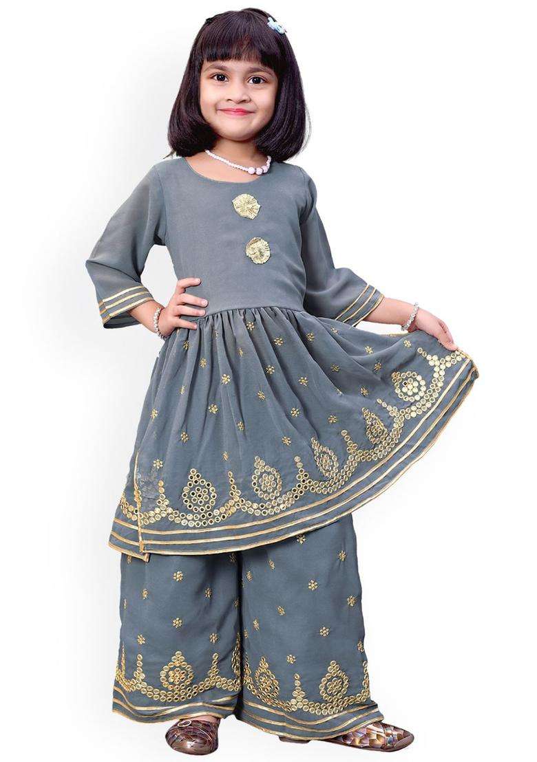 Grey Embroidered Georgette Kurta Set For Girls - Indya