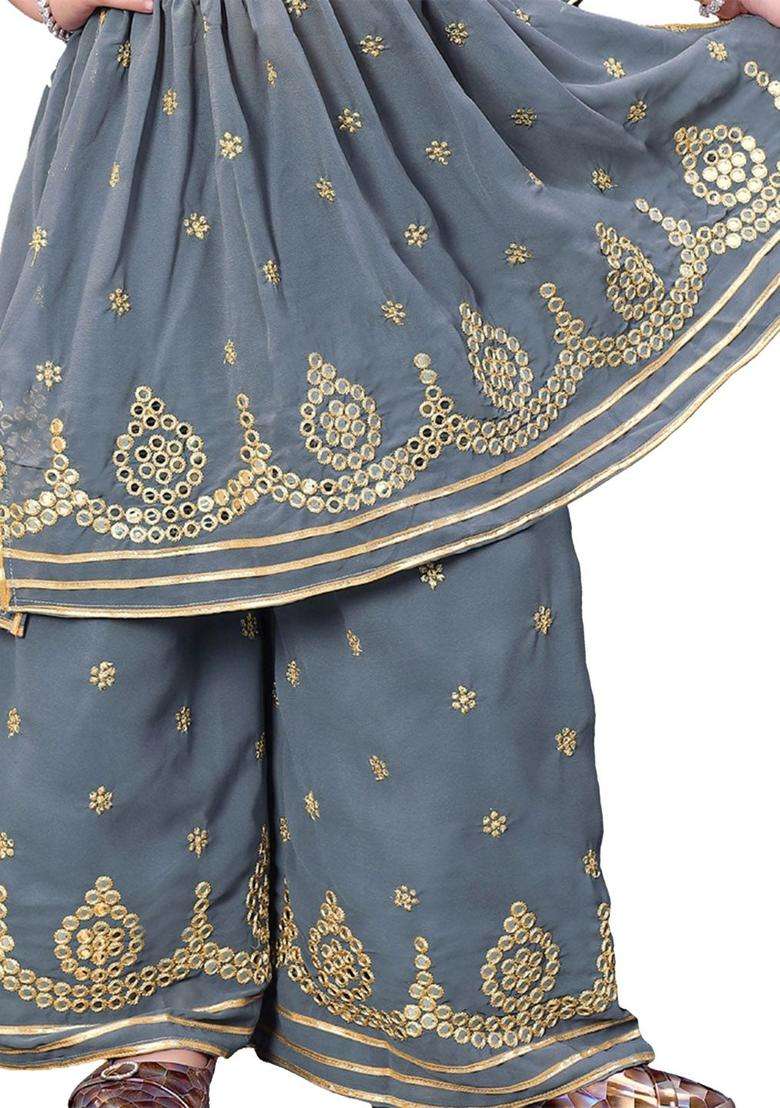 Grey Embroidered Georgette Kurta Set For Girls - Indya