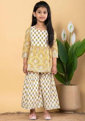 Green Printed Cotton Kurta Set For Girls