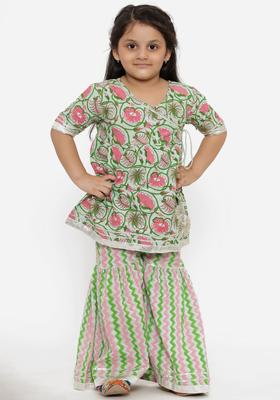 Green Printed Cotton Kurta Set For Girls