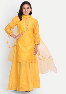 Yellow Solid Silk Kurta Set For Girls