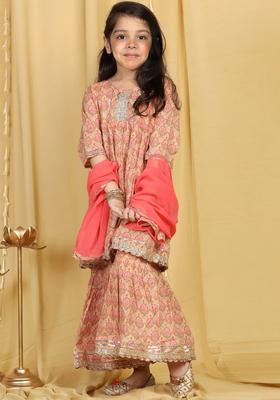 Peach Printed Cotton Kurta Set For Girls
