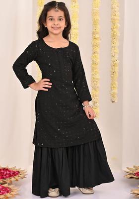 Black Embroidered Cotton Kurta Set For Girls