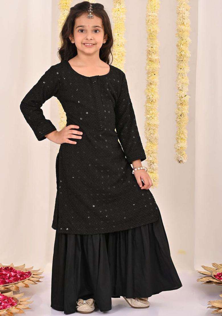 Black Embroidered Cotton Kurta Set For Girls - Indya