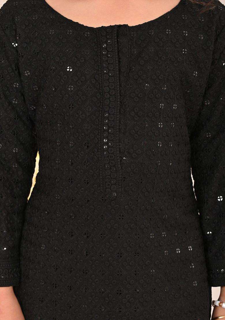 Black Embroidered Cotton Kurta Set For Girls - Indya