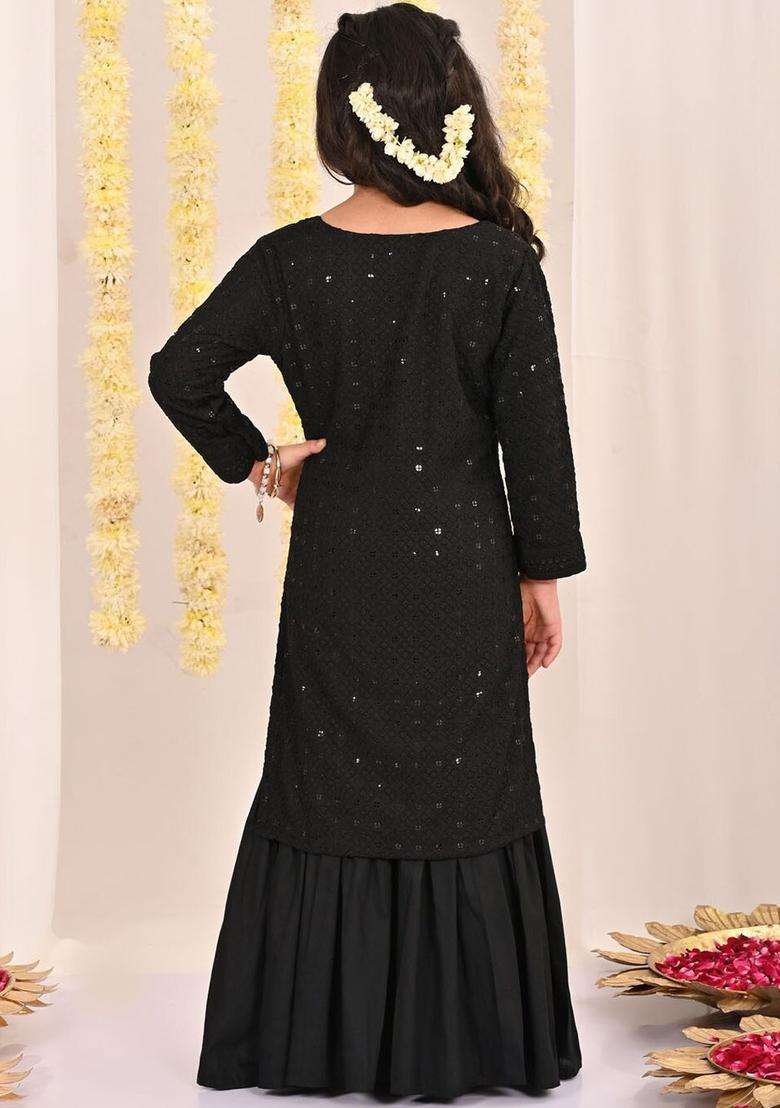 Black Embroidered Cotton Kurta Set For Girls - Indya