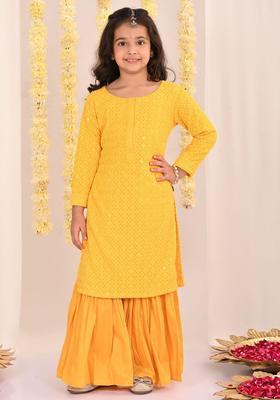 Yellow Embroidered Cotton Kurta Set For Girls